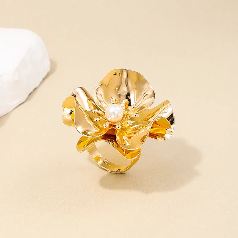 Extravagant Floral Statement Ring with Pearls - Vienna Verve Collection