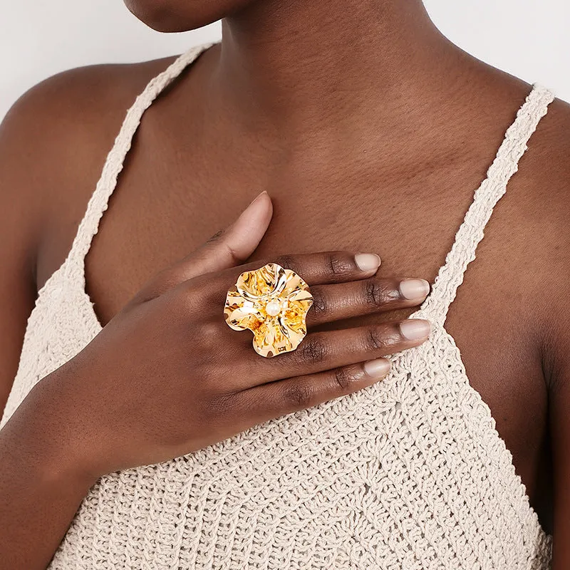 Extravagant Floral Statement Ring with Pearls - Vienna Verve Collection