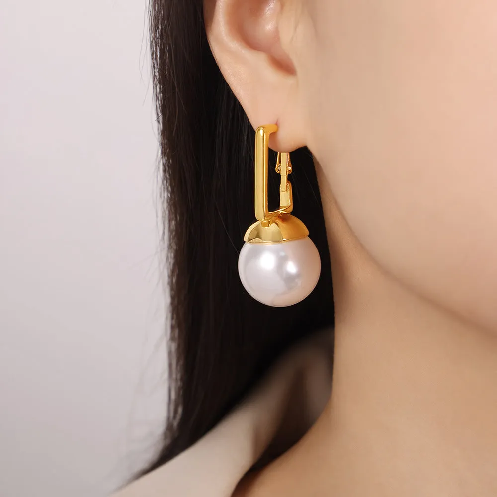 Extravagant Titanium Steel Earrings with Gold-Plated Bead Pendant