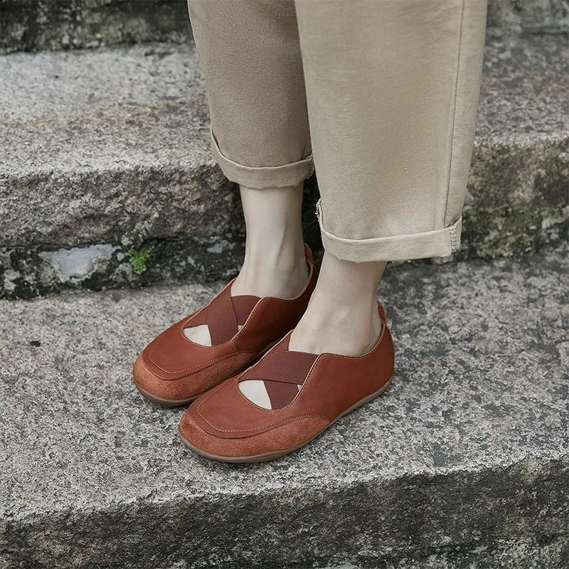 Genuine Leather Cross Strap Flat Shoes Round Toe in Brown/Coffee