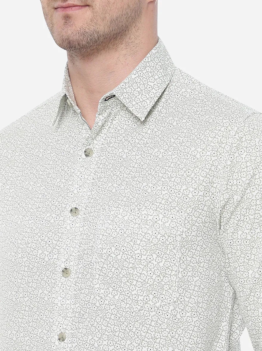 Green & White Printed Slim Fit Semi Casual Shirt | Greenfibre