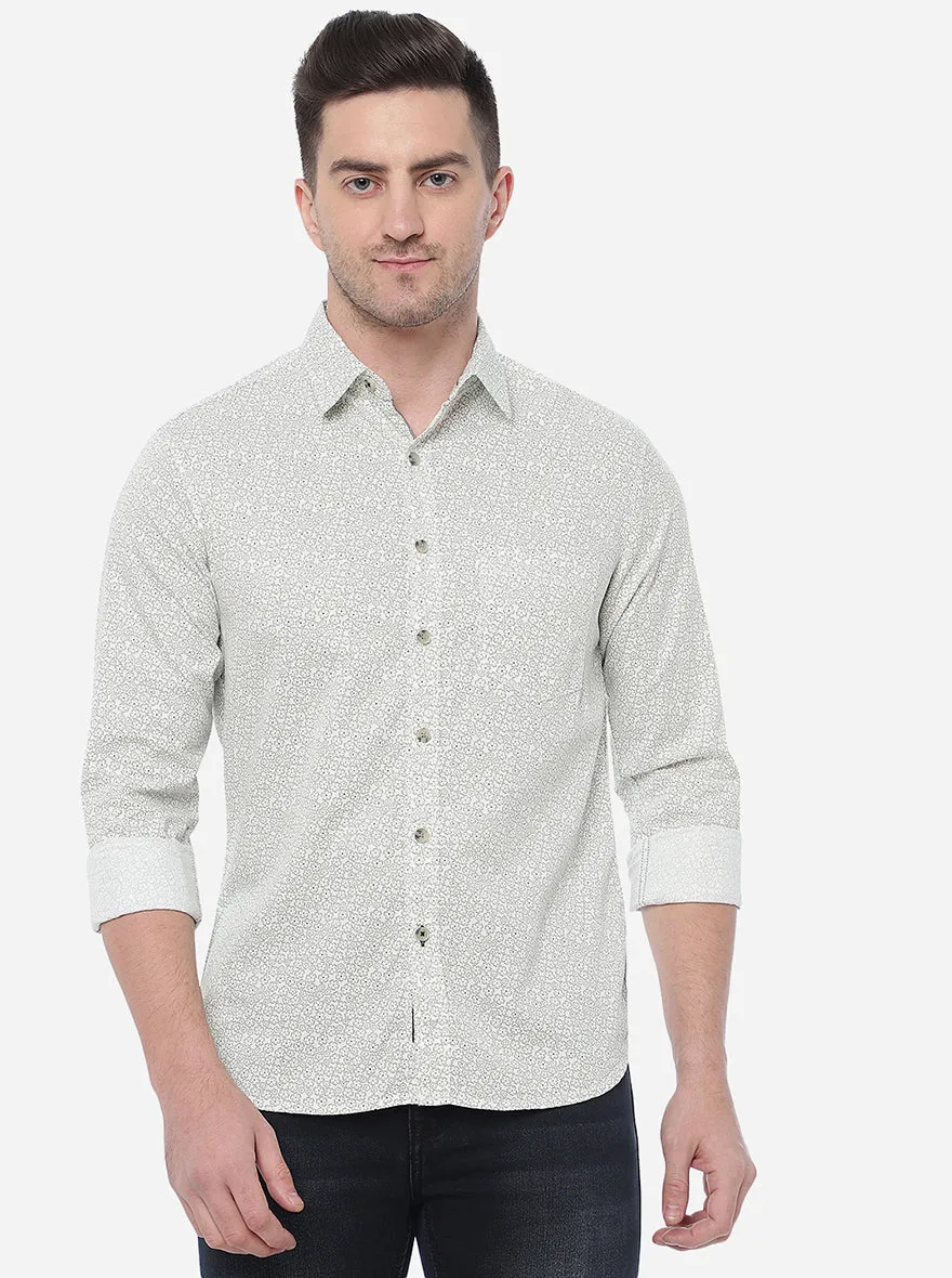 Green & White Printed Slim Fit Semi Casual Shirt | Greenfibre