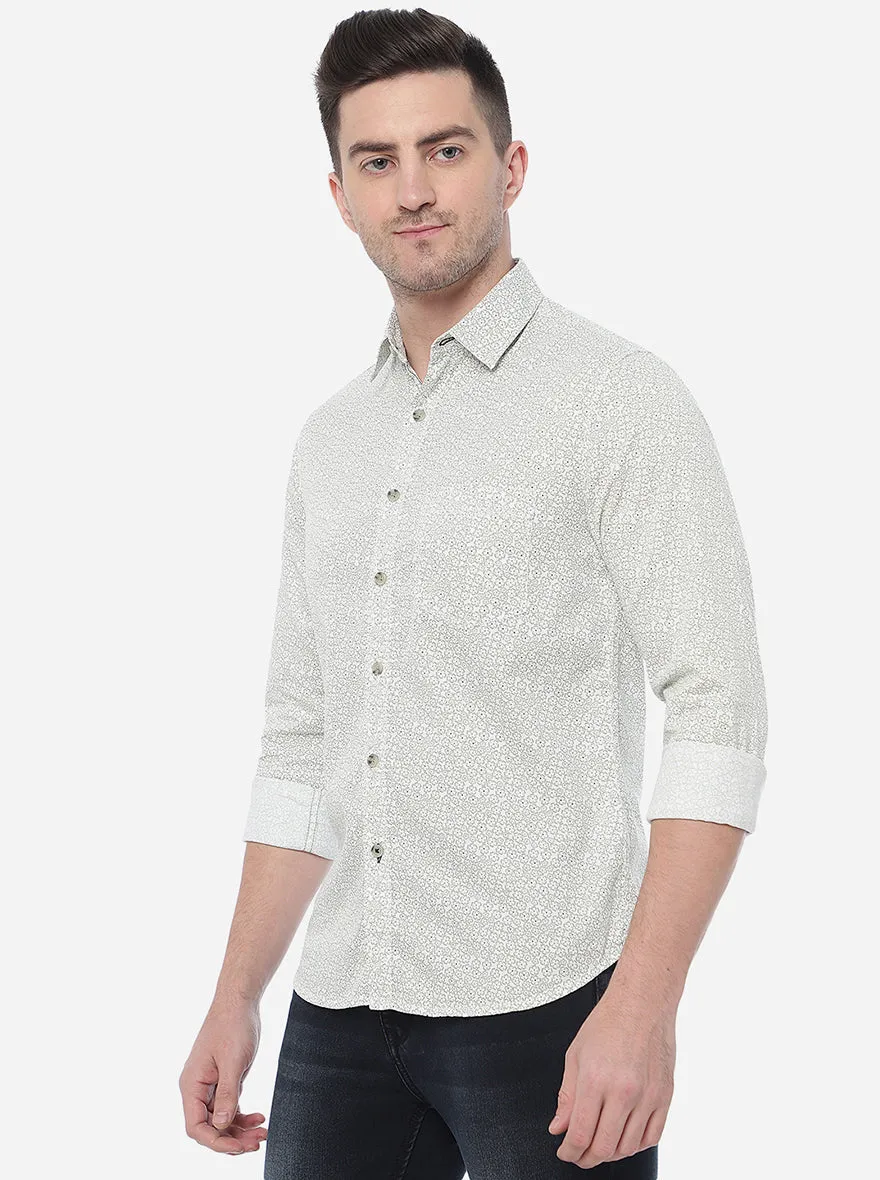 Green & White Printed Slim Fit Semi Casual Shirt | Greenfibre