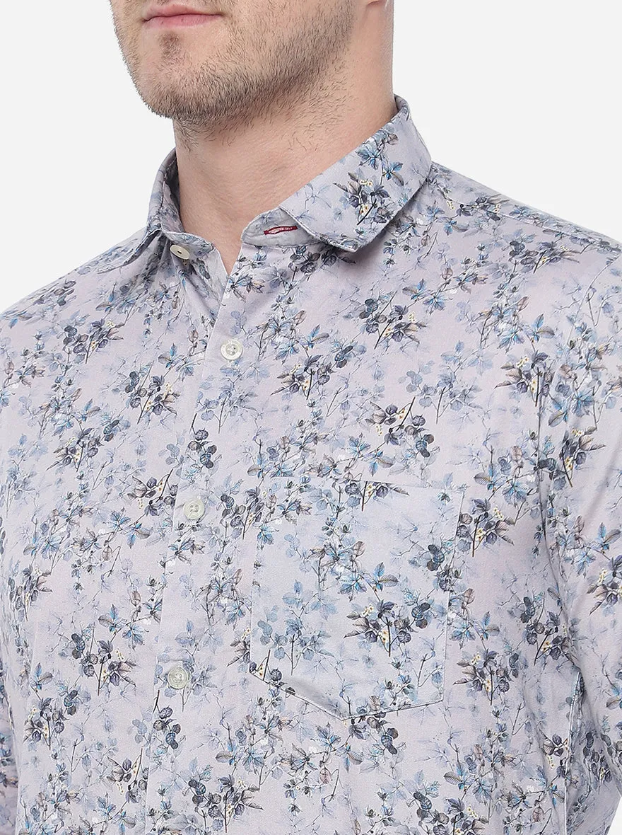 Grenish Blue Printed Slim Fit Semi Casual Shirt | JadeBlue