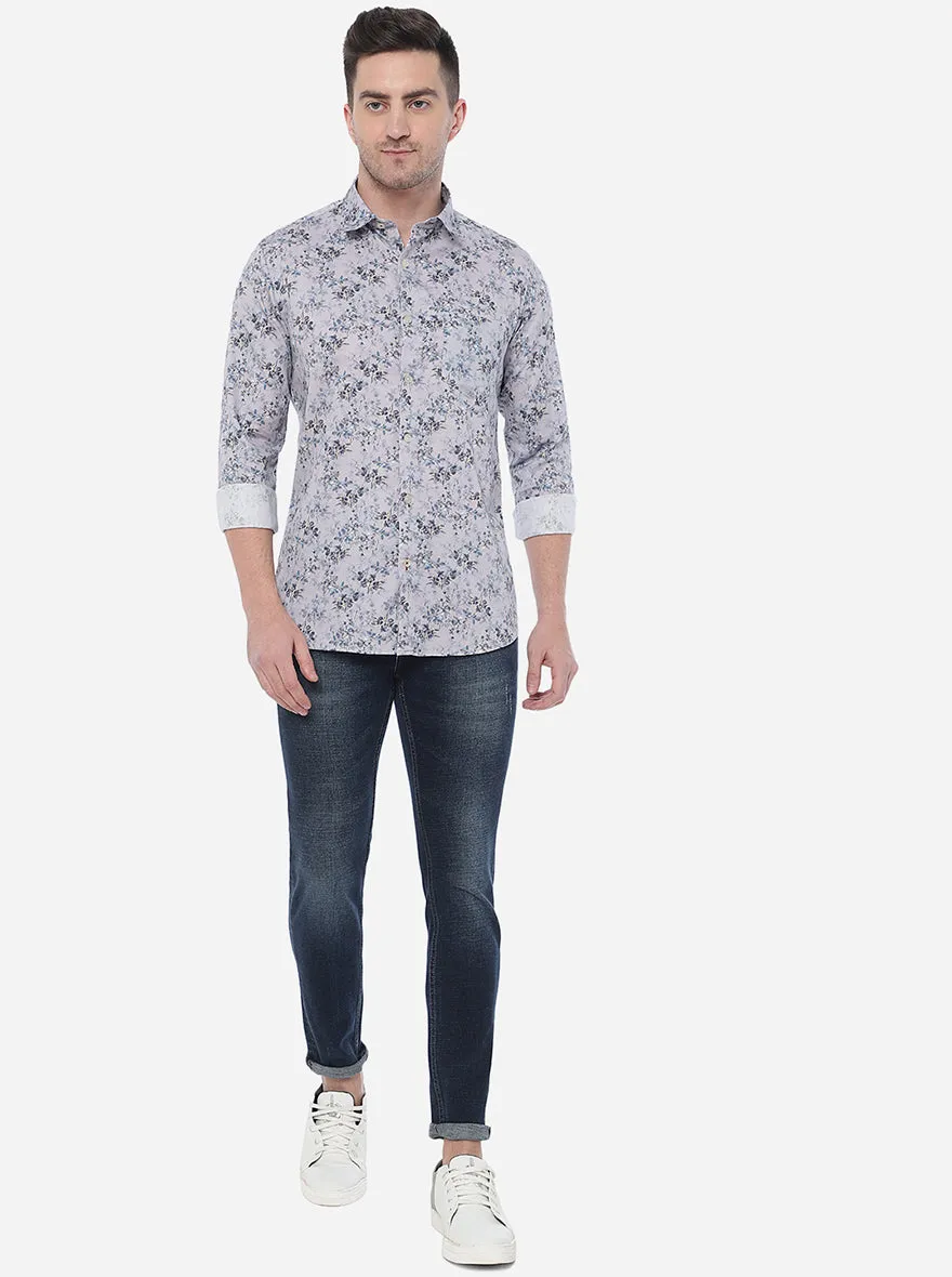 Grenish Blue Printed Slim Fit Semi Casual Shirt | JadeBlue