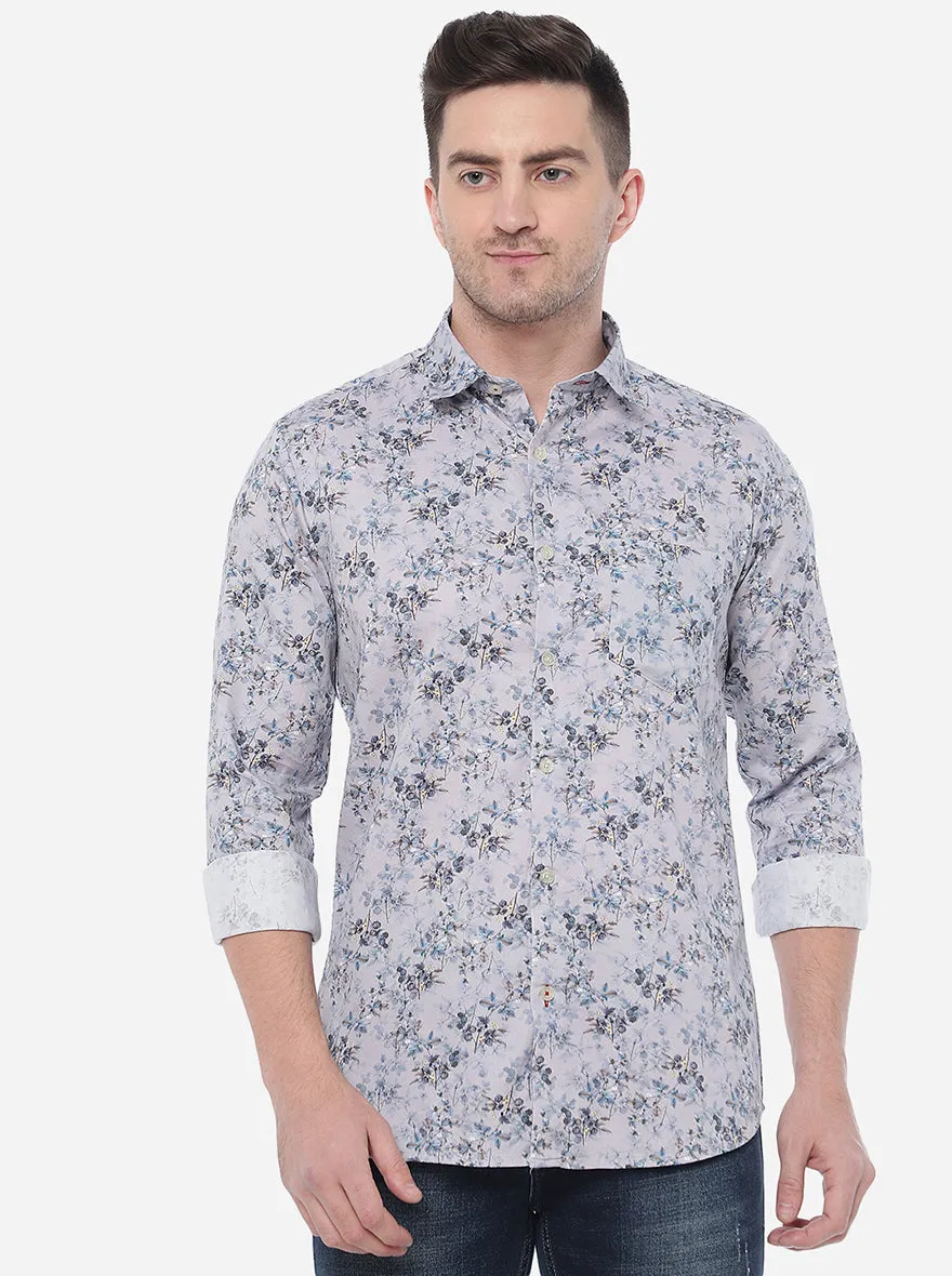 Grenish Blue Printed Slim Fit Semi Casual Shirt | JadeBlue