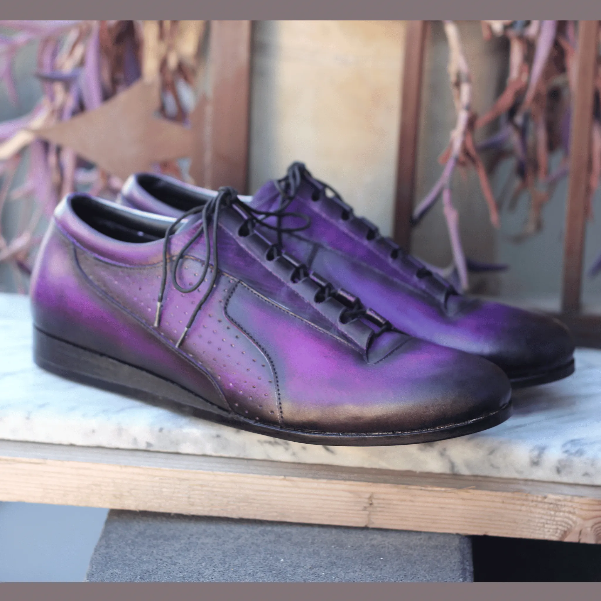 Handmade Purple Gradient Leather Sneakers – Artisan Casual Shoes for Men Artisan Purple Leather Sneakers – Gradient Finish, Luxurious Craftsmanship  Purple Leather Lace-Up Shoes – Handmade Men's Sneakers