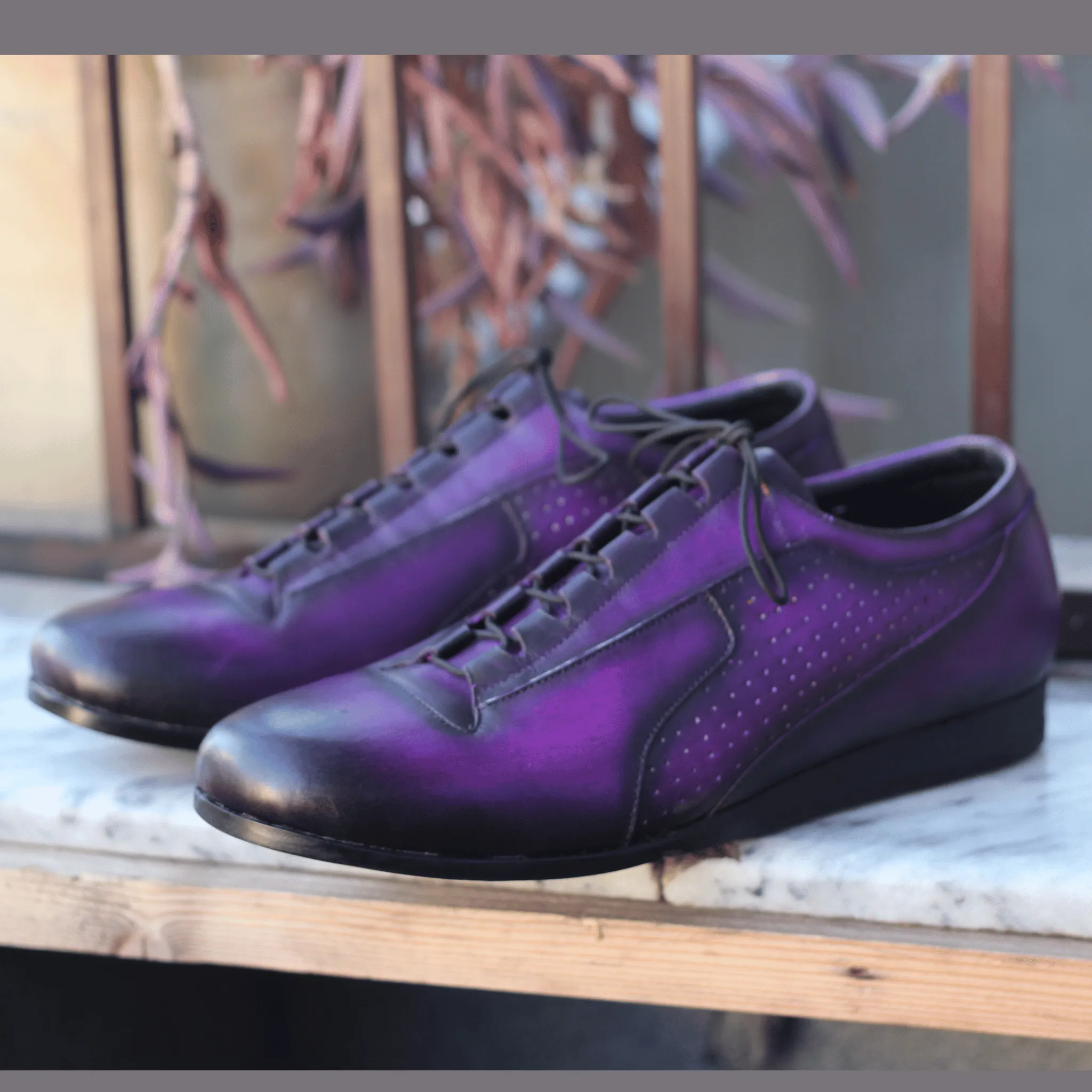 Handmade Purple Gradient Leather Sneakers – Artisan Casual Shoes for Men Artisan Purple Leather Sneakers – Gradient Finish, Luxurious Craftsmanship  Purple Leather Lace-Up Shoes – Handmade Men's Sneakers