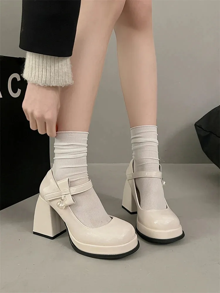 Hnzxzm Fashion French White Mary Jane Shoes Woman New Waterproof Platform High Heel Lolita Pu Leather Lady Shoes