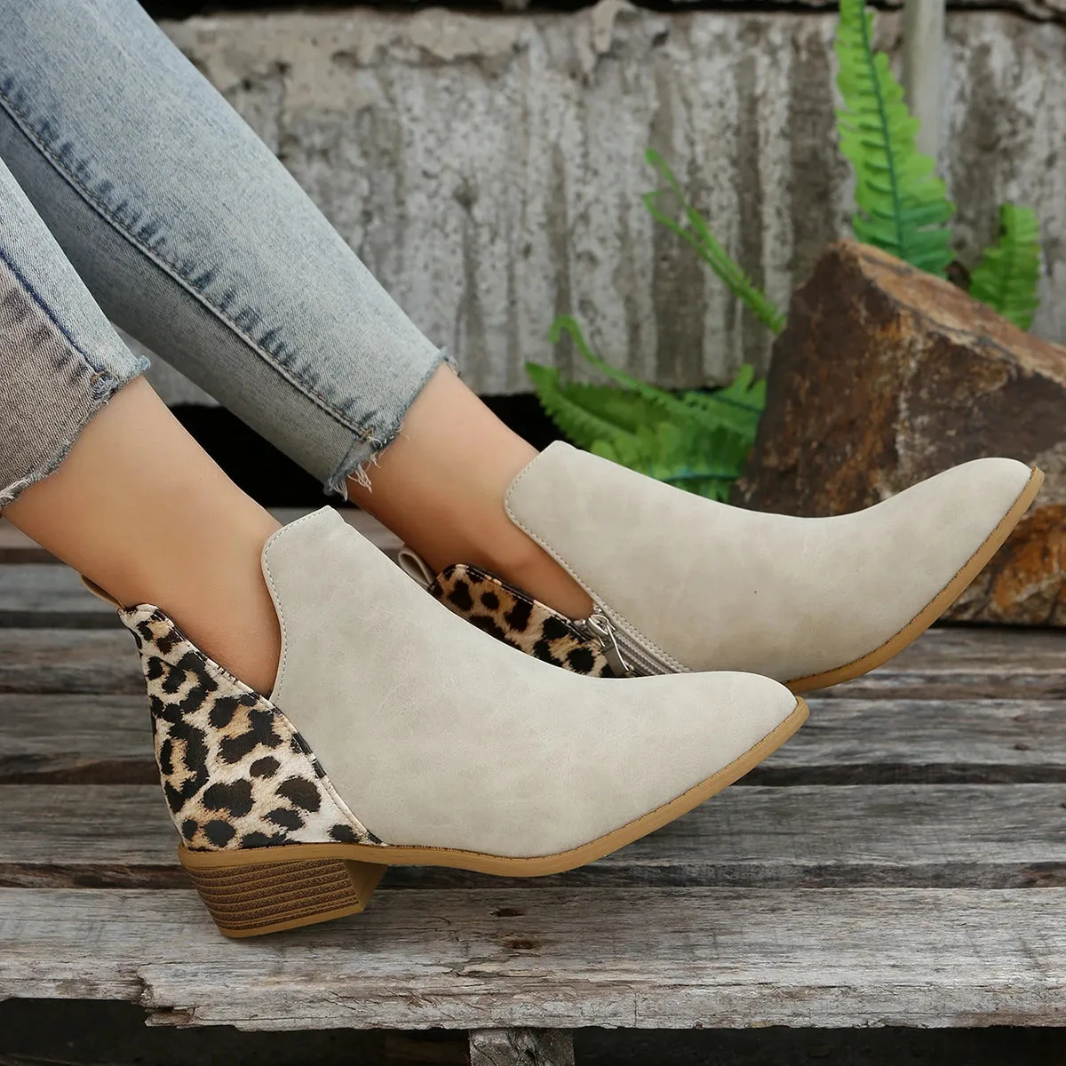 Hnzxzm Leopard Winter Sexy Women Ankle Boots Autumn PU Female Short Zip Chelsea Boots Retro Round Toe Square Heel Size 36-43