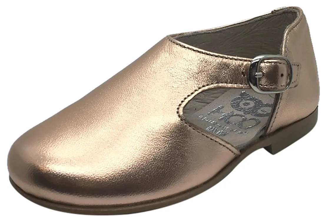 Hoo Shoes Girl's Rose Gold Metallic Leather Single Strap Buckle with Side Cut-Out Oxford Shoes