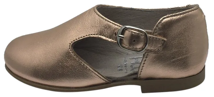 Hoo Shoes Girl's Rose Gold Metallic Leather Single Strap Buckle with Side Cut-Out Oxford Shoes