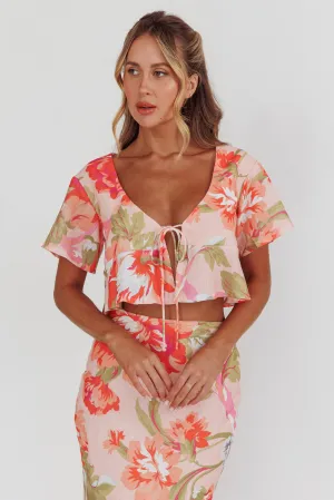 La Vie Tied Bust Crop Top Floral Peach