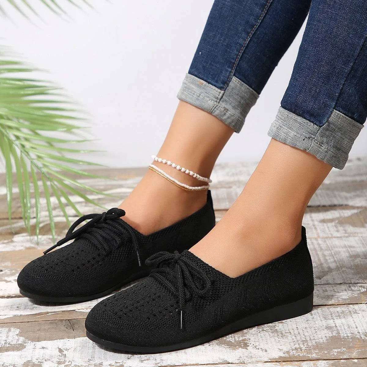 Lace up Flats Women Fashion Breathable Lazy Mesh Shoes