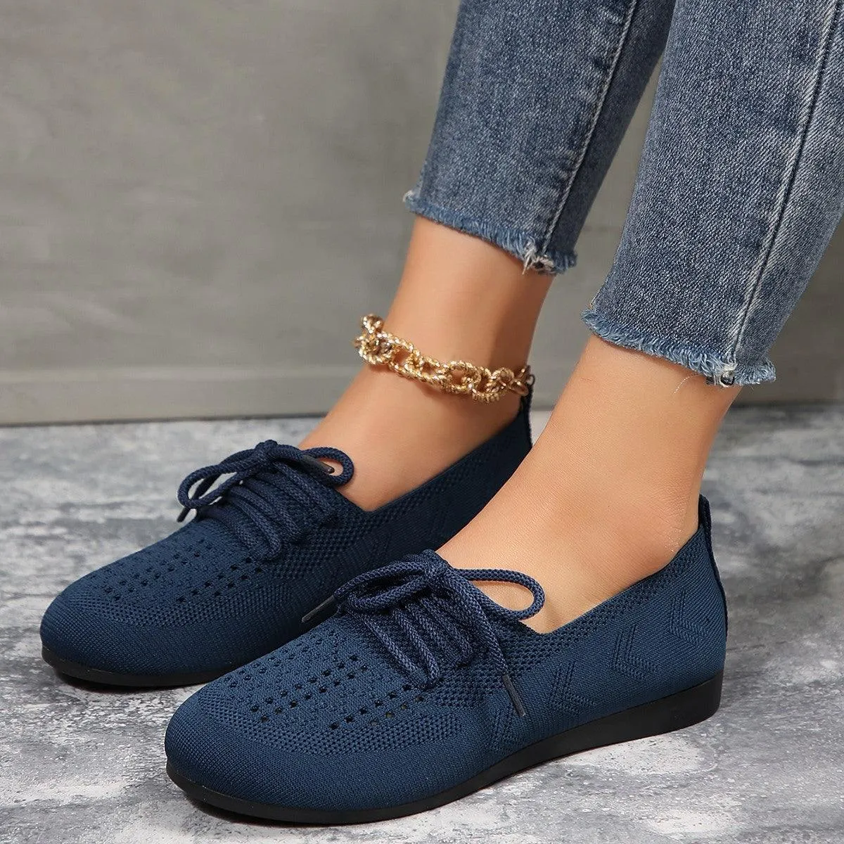 Lace up Flats Women Fashion Breathable Lazy Mesh Shoes