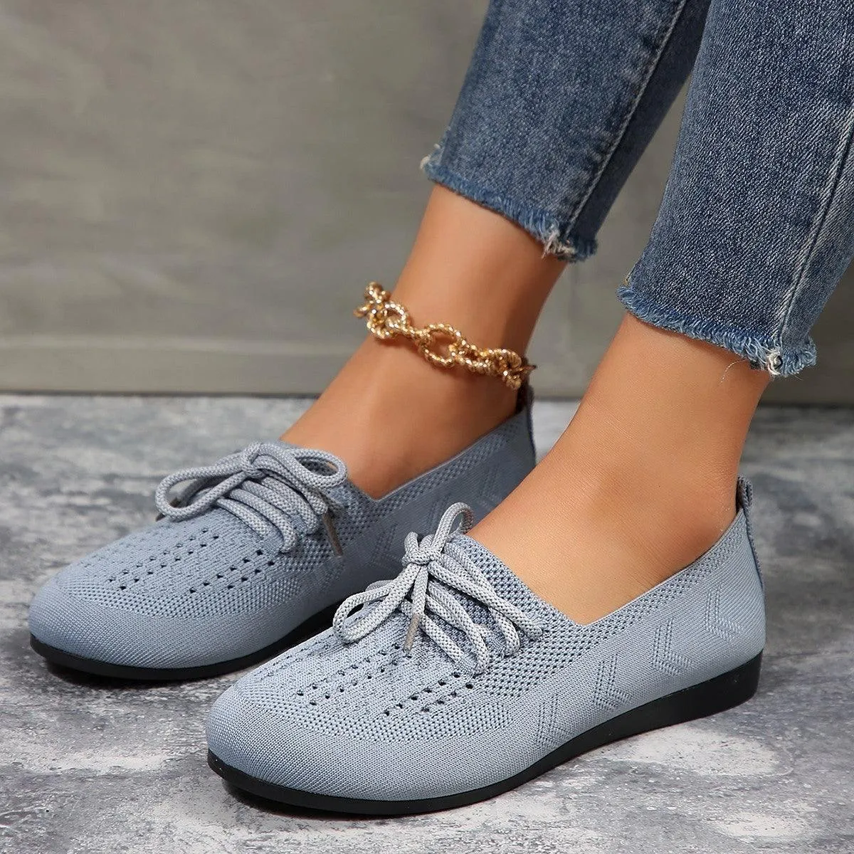 Lace up Flats Women Fashion Breathable Lazy Mesh Shoes