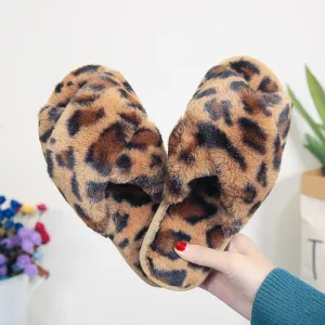 Leopard Print Cross Fluffy Slippers Female Home