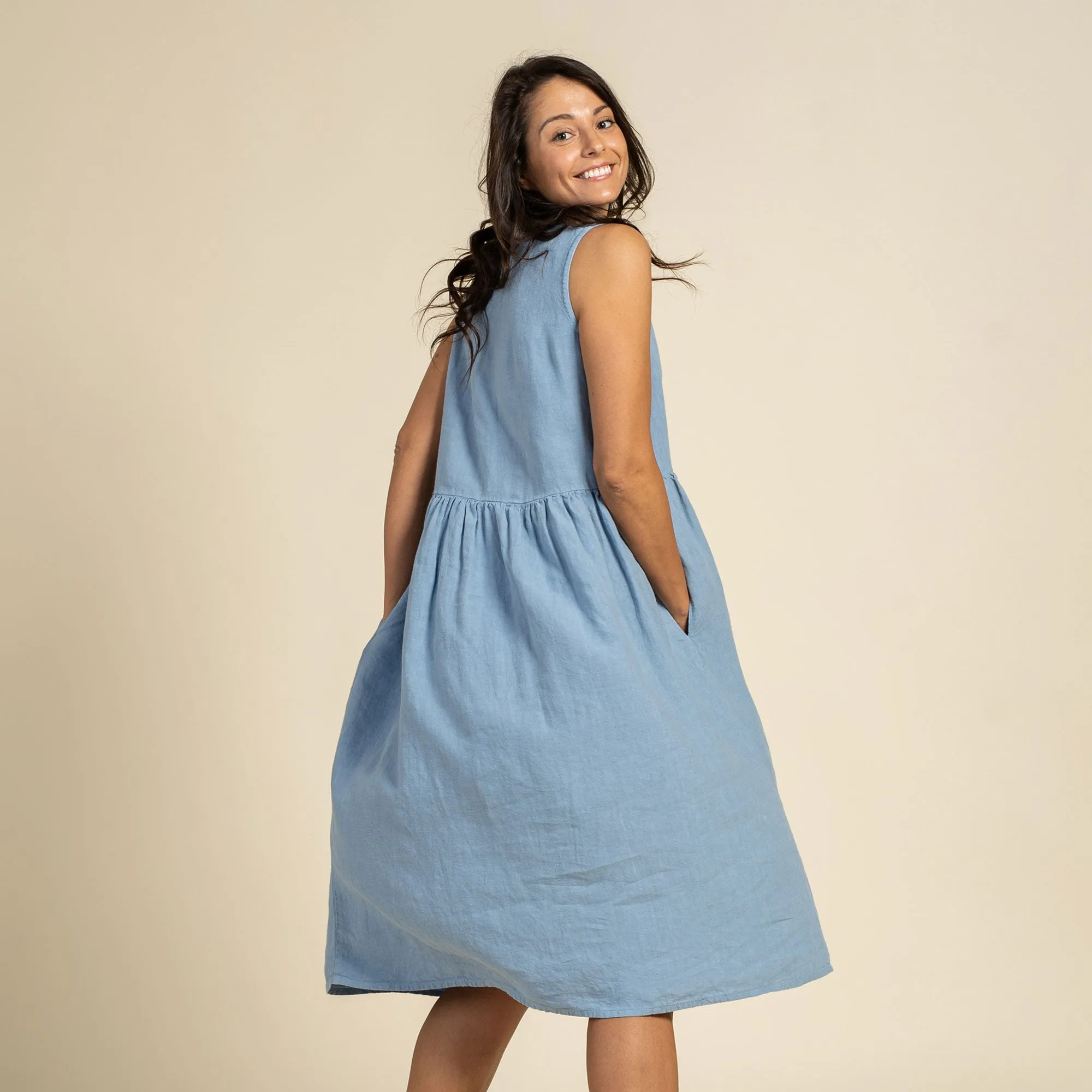 Linen Smock Dress Maya Cloudy Blue