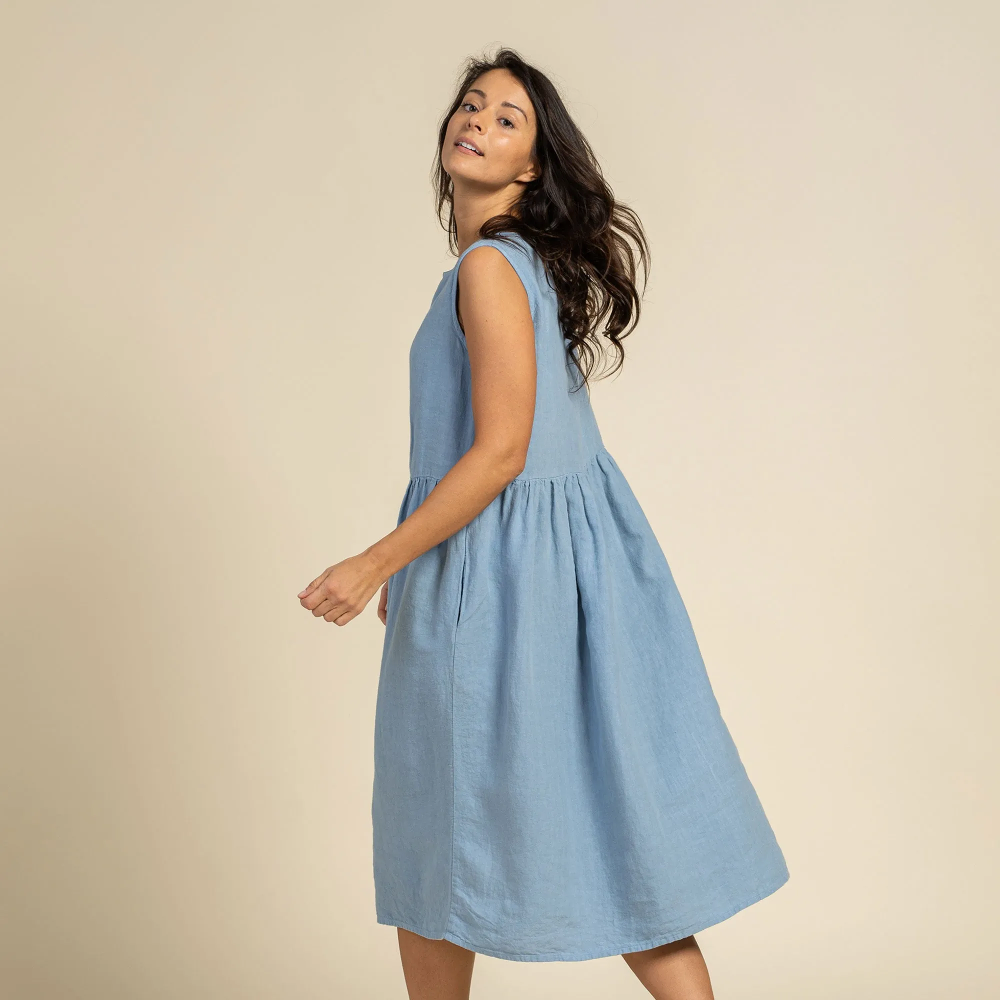 Linen Smock Dress Maya Cloudy Blue