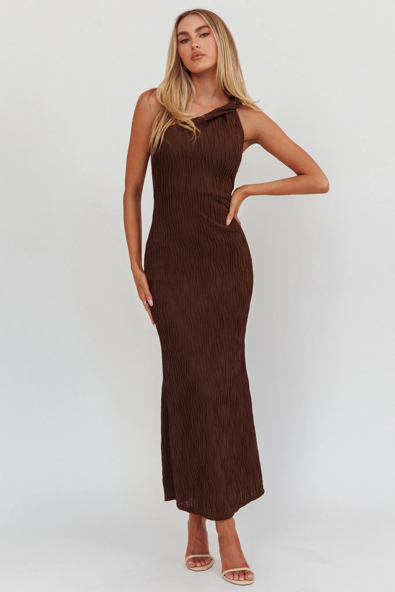 Lingering Love One-Shoulder Twist Maxi Dress Chocolate