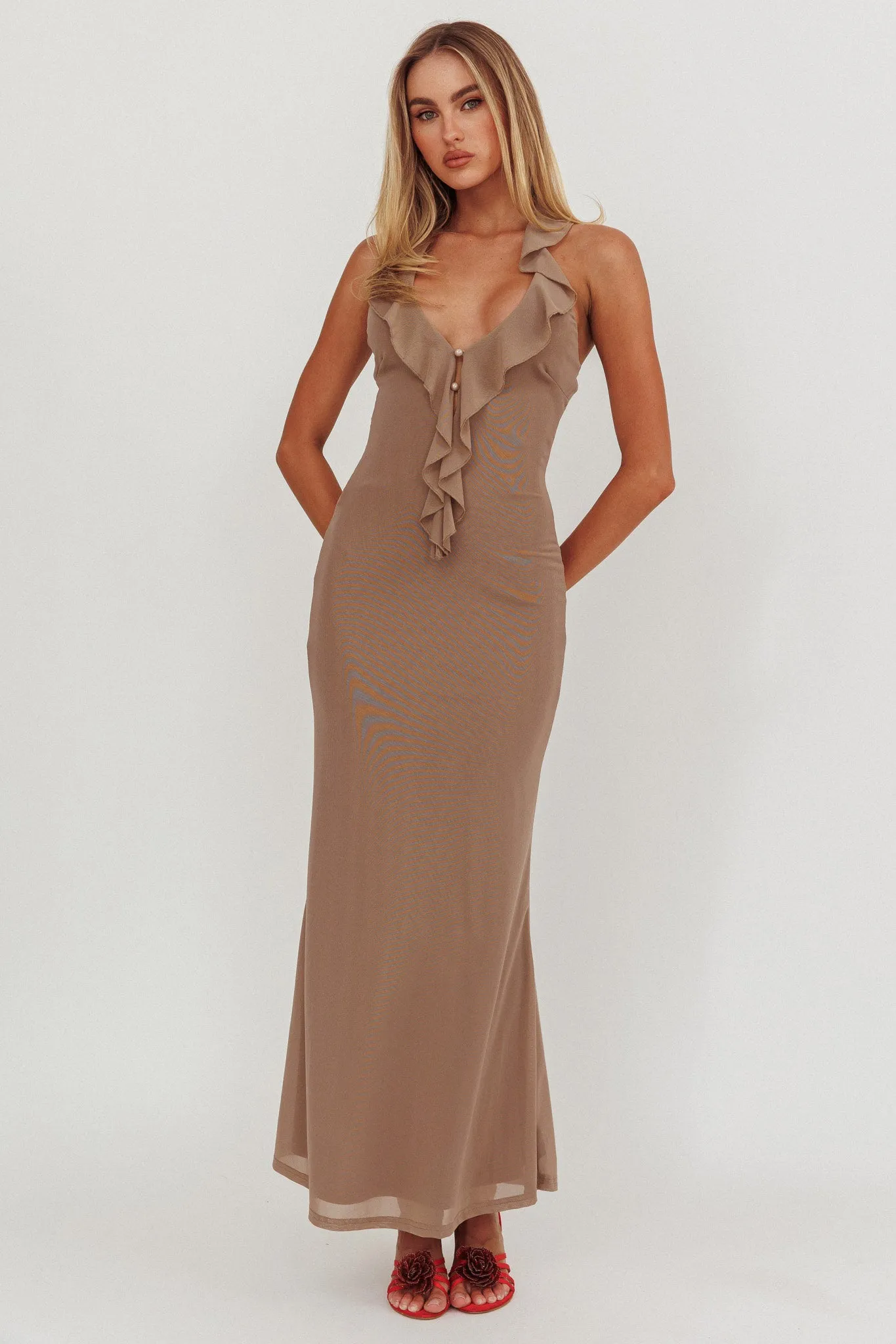 Live Loud Ruffle Halterneck Maxi Dress Grey