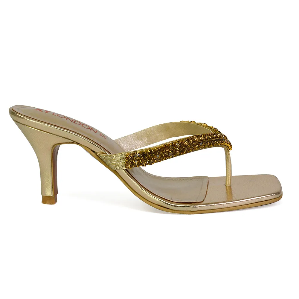 Lynn Square Toe Post Embellished Diamante Strappy Kitten Heel Mule Sandals in Gold