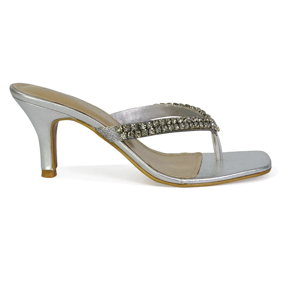 Lynn Square Toe Post Embellished Diamante Strappy Kitten Heel Mule Sandals in Gold