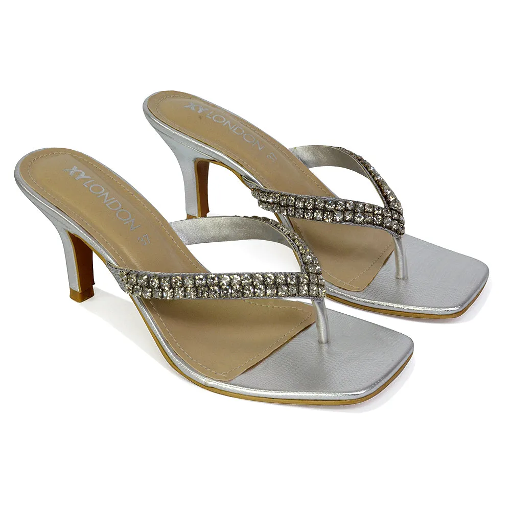 Lynn Square Toe Post Embellished Diamante Strappy Kitten Heel Mule Sandals in Gold