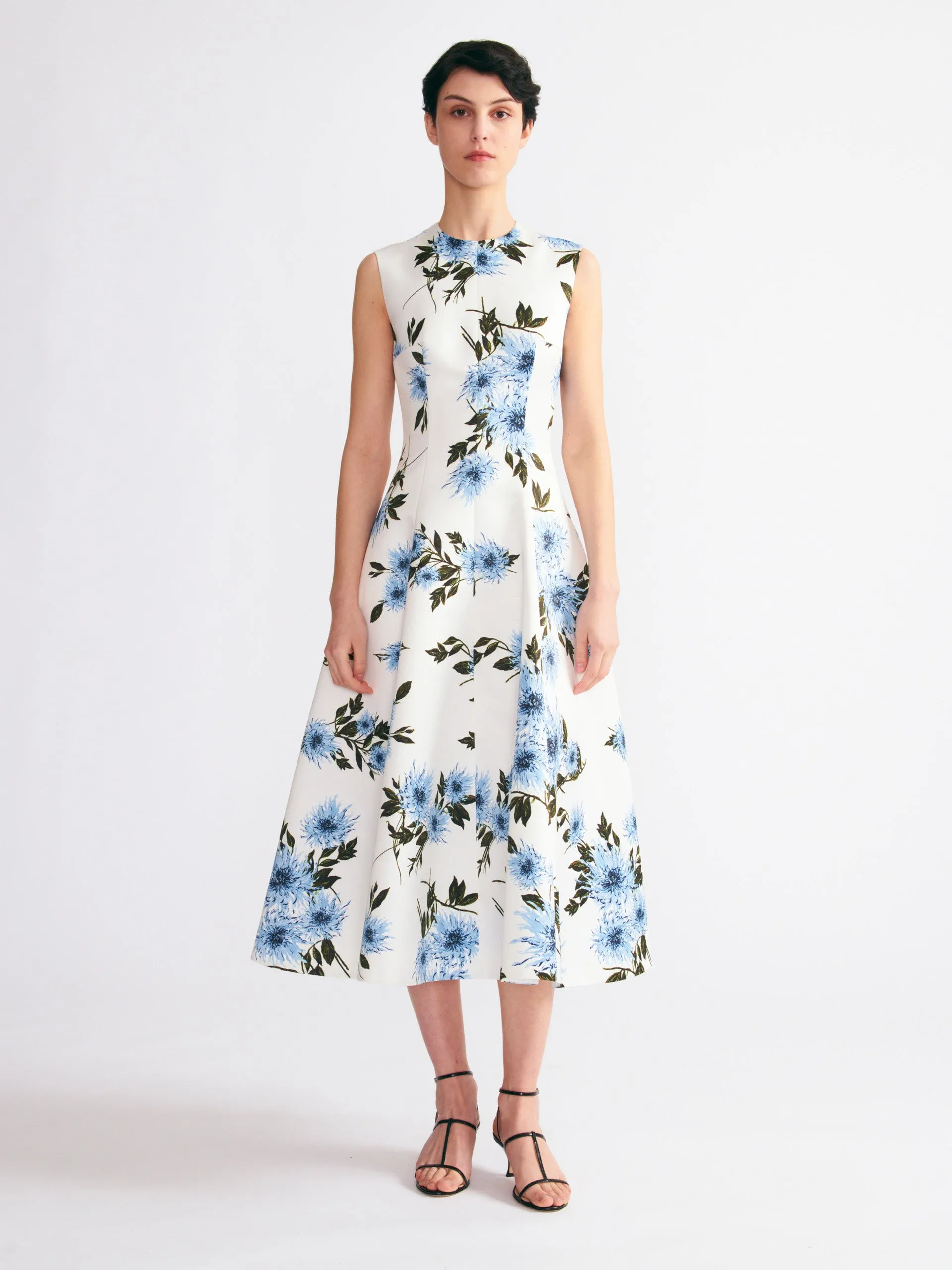 Mara dress in blue dahlia floral print taffeta faille