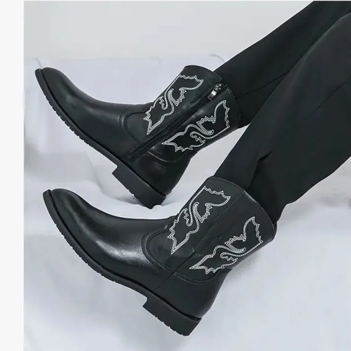 Men's autumn new midtube zipper embroidered western boots high top leather shoes 38-46