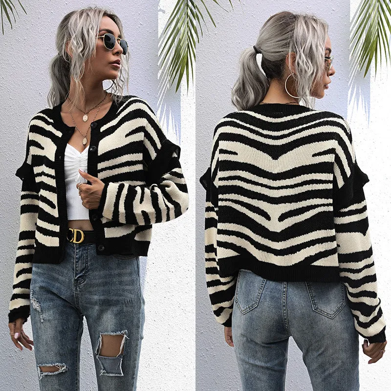 METAVERSMALL women's clothing New new knitted sweater jacket short contrasting stripes splicing cardigan short