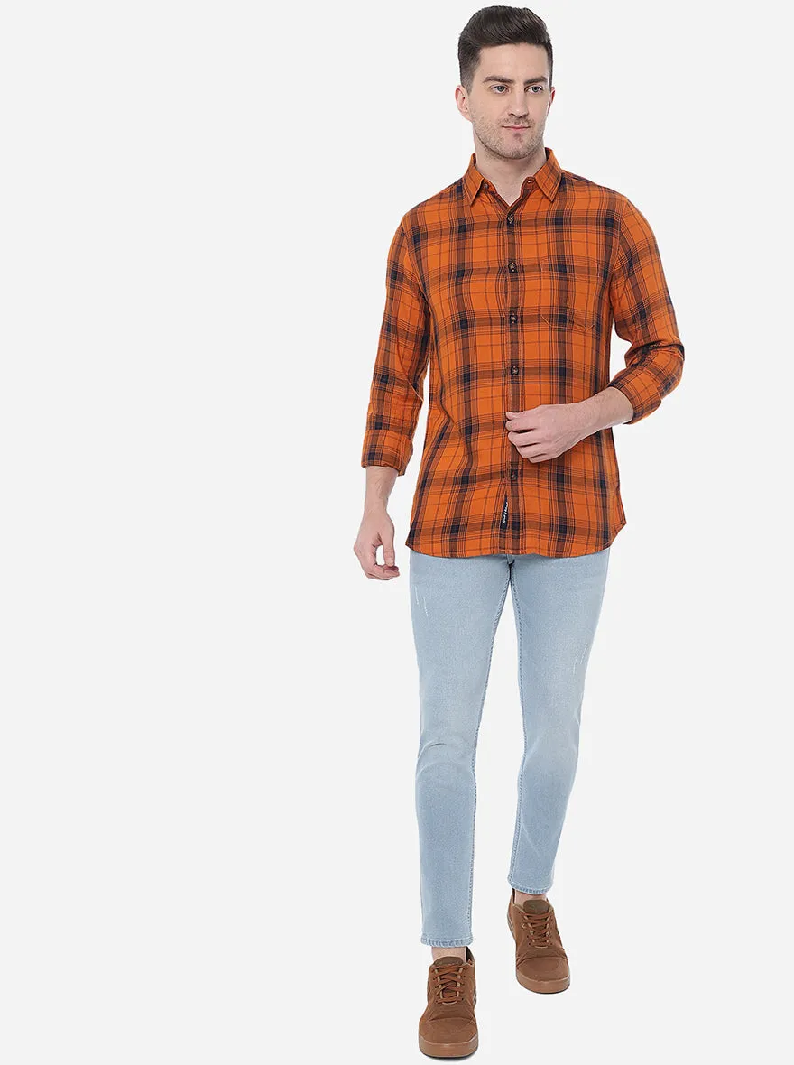 Mustard & Blue Checked Slim Fit Semi Casual Shirt | JadeBlue