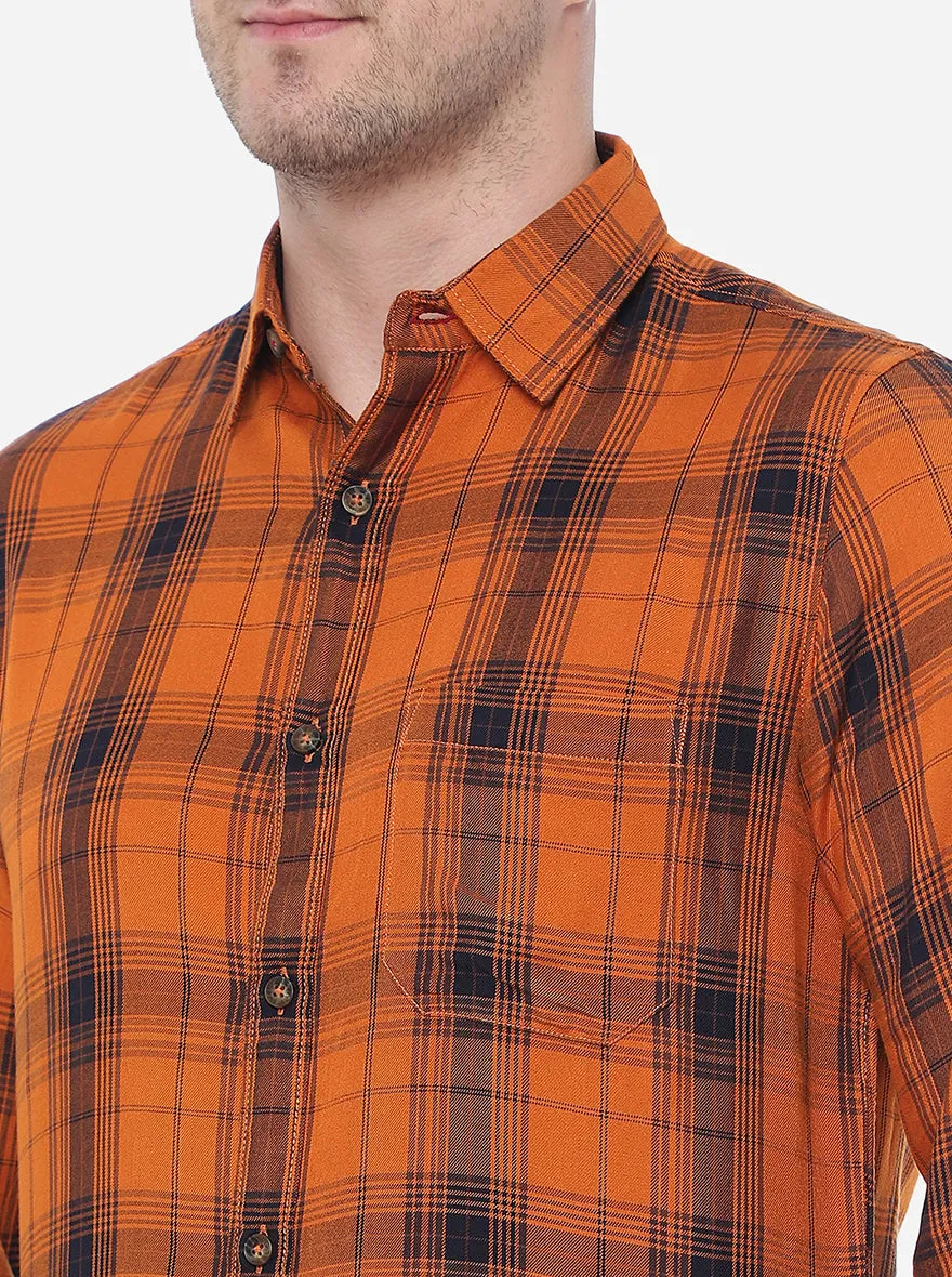 Mustard & Blue Checked Slim Fit Semi Casual Shirt | JadeBlue