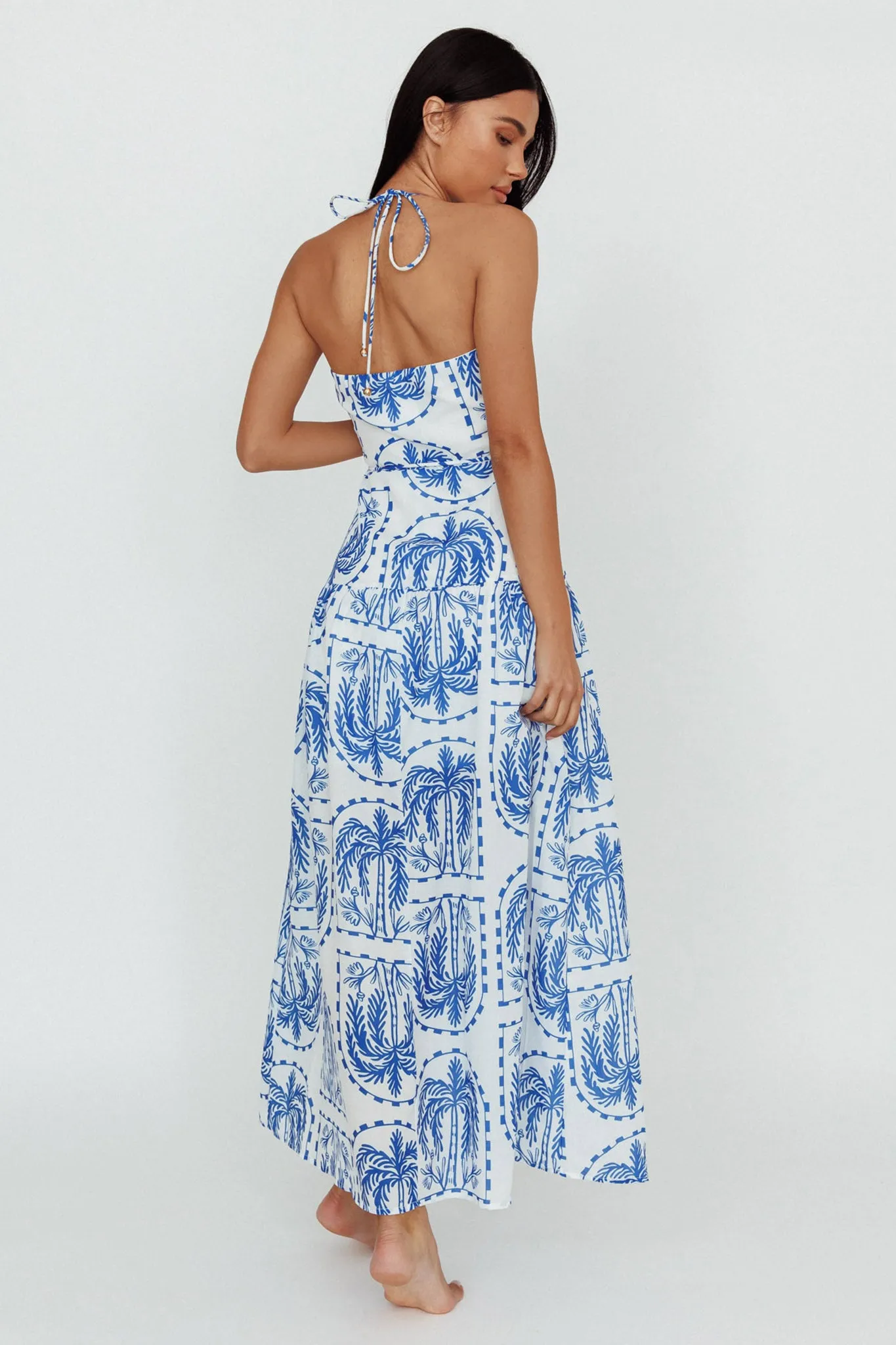 Natasia Halterneck Maxi Dress Palm Print Blue