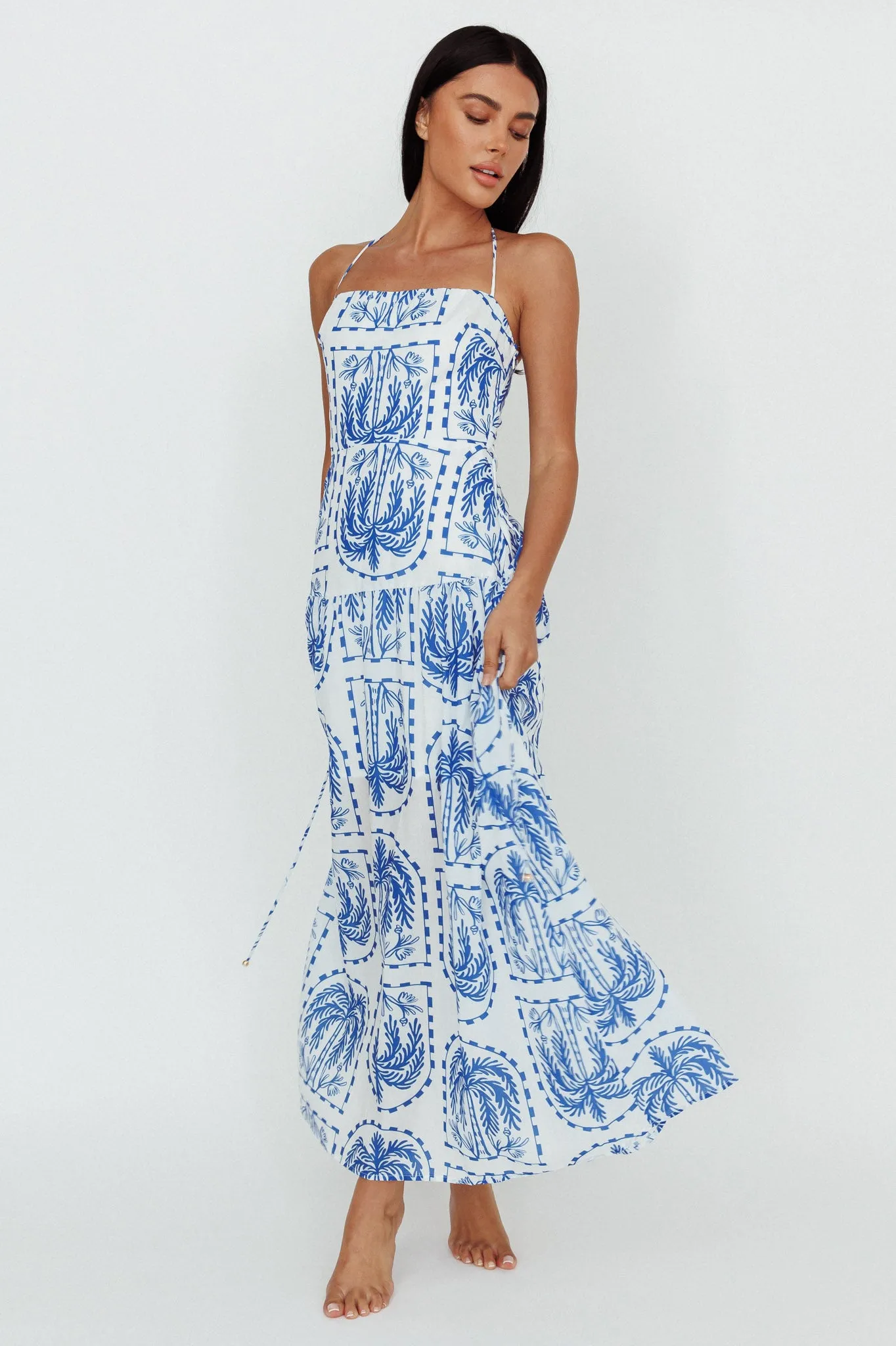 Natasia Halterneck Maxi Dress Palm Print Blue