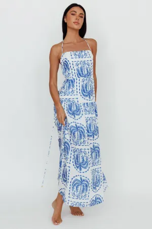 Natasia Halterneck Maxi Dress Palm Print Blue