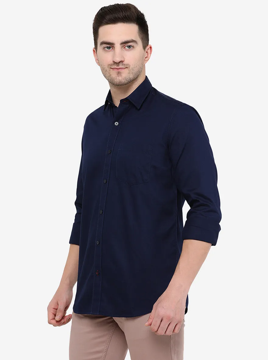 Navy Blue Solid Smart Fit Semi Casual Shirt | Greenfibre