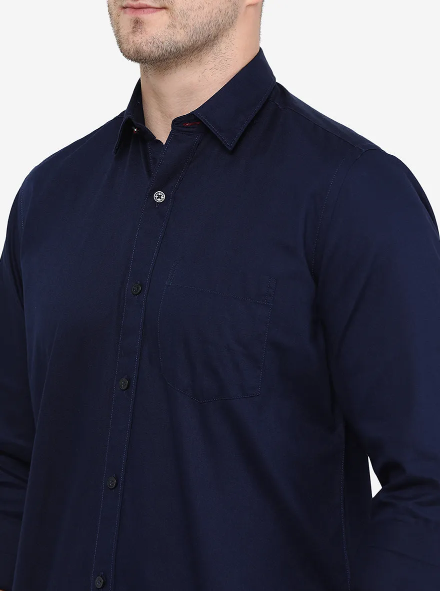 Navy Blue Solid Smart Fit Semi Casual Shirt | Greenfibre