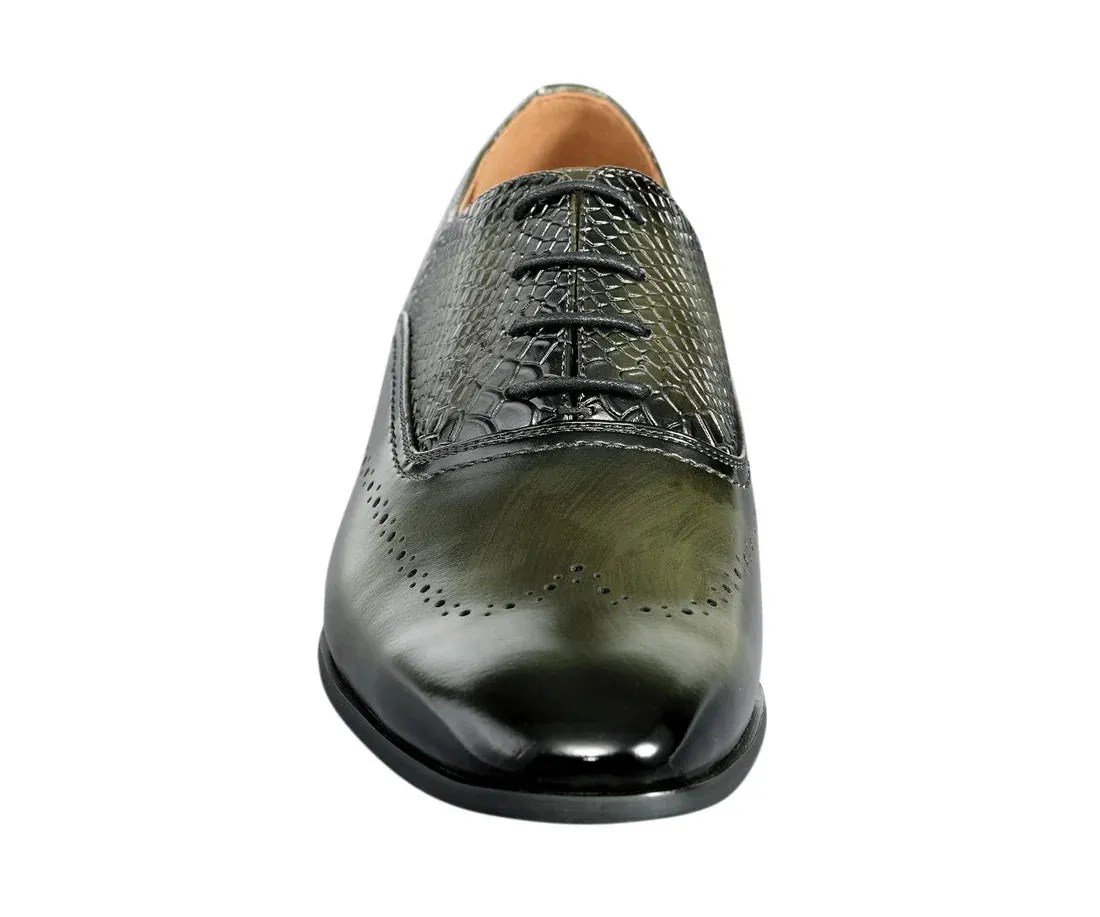 Olive Wingtip Men's PU Leather with Croc Oxford Lace-Up Formal Dress Shoes