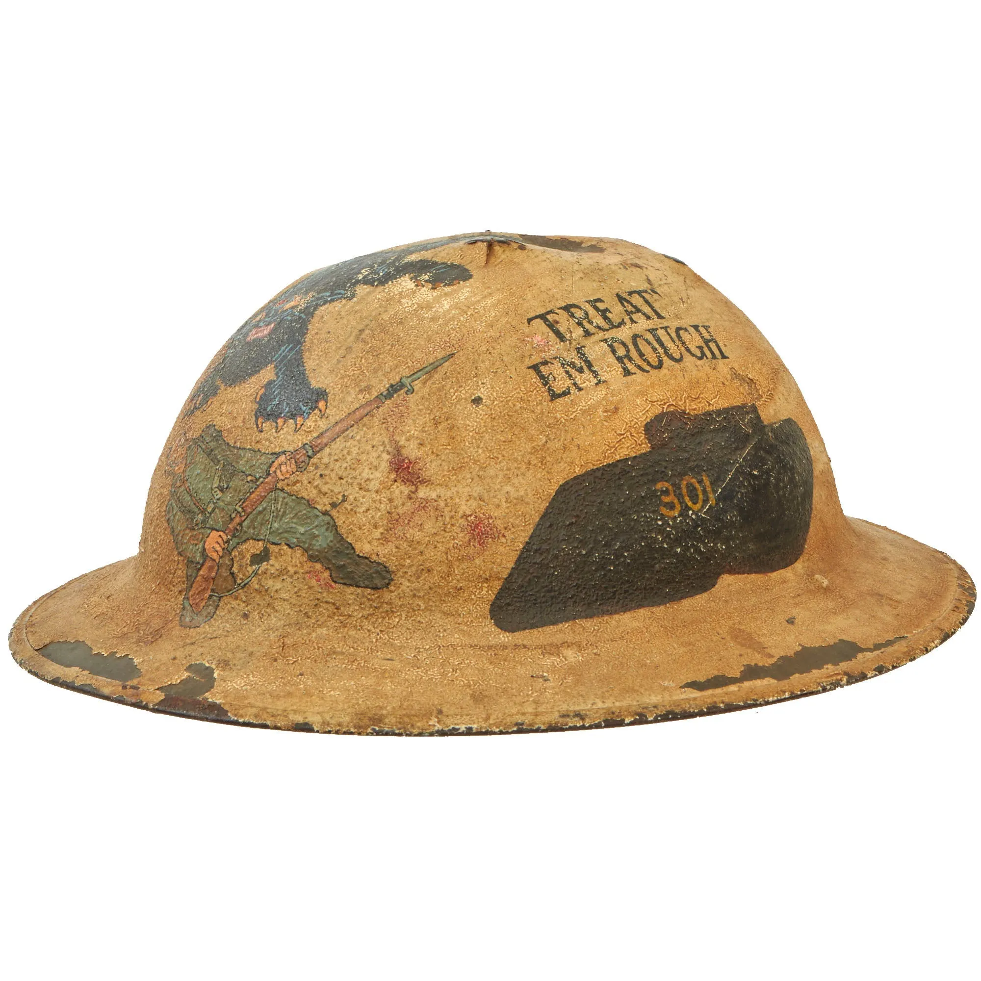 Original U.S. WWI 301st Heavy Tank Battalion Tank Corps of the American Expeditionary Forces Painted M1917 Doughboy Helmet With Extravagant Artwork - Formerly A.A.F. Tank Museum Collection