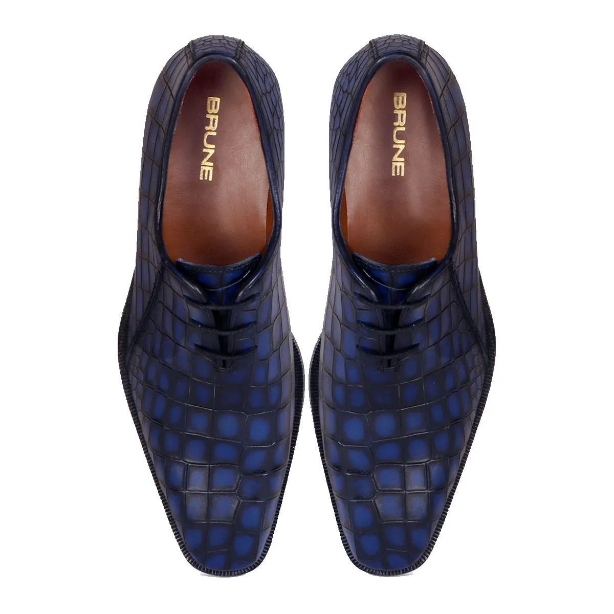 Perfect Cuban Heel Smokey Blue Cut Croco Textured Oxfords Leather Lace Up Formal Shoes For Men  by Brune & Bareskin