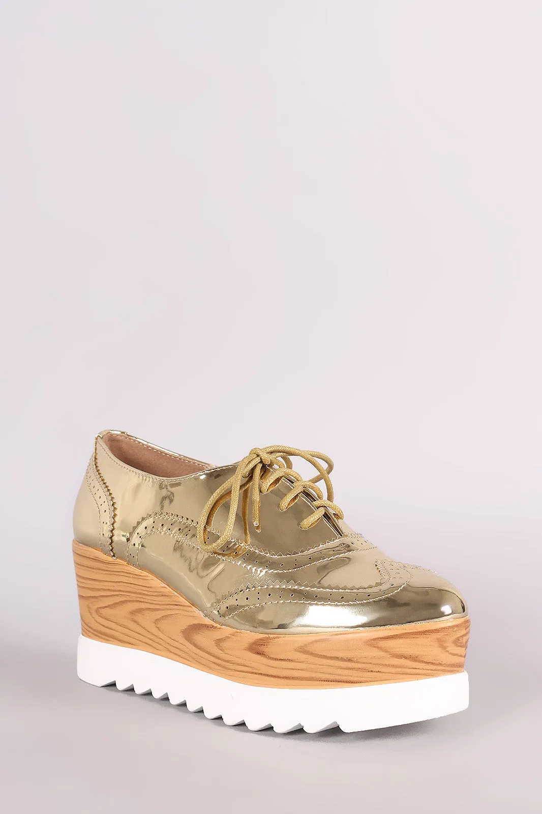 Perforated Patent Lug Sole Lace Up Oxford Platform Wedge