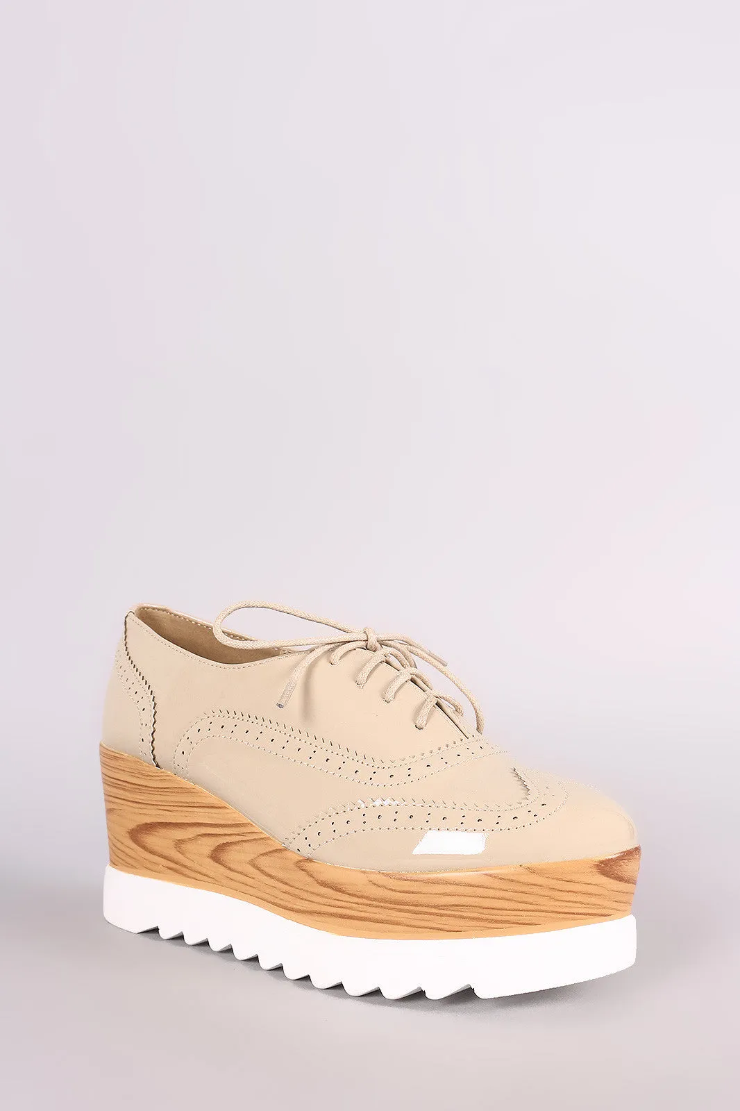 Perforated Patent Lug Sole Lace Up Oxford Platform Wedge