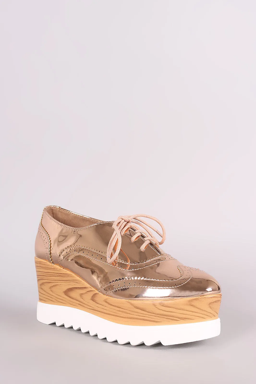 Perforated Patent Lug Sole Lace Up Oxford Platform Wedge