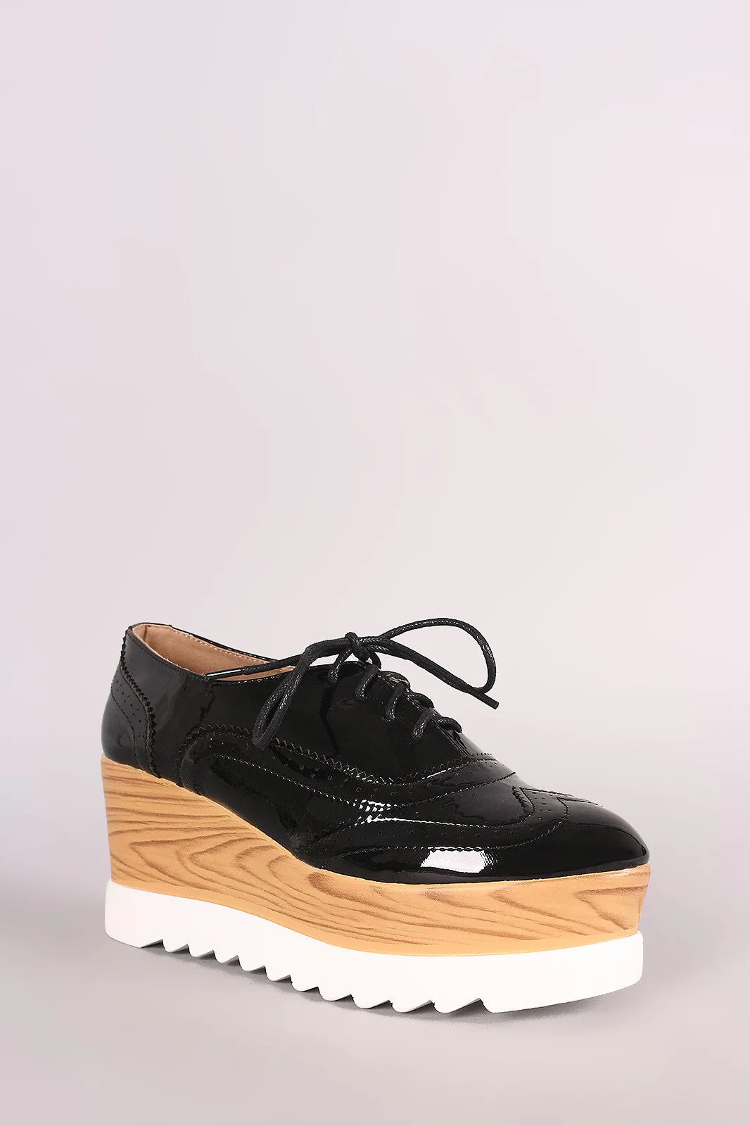 Perforated Patent Lug Sole Lace Up Oxford Platform Wedge