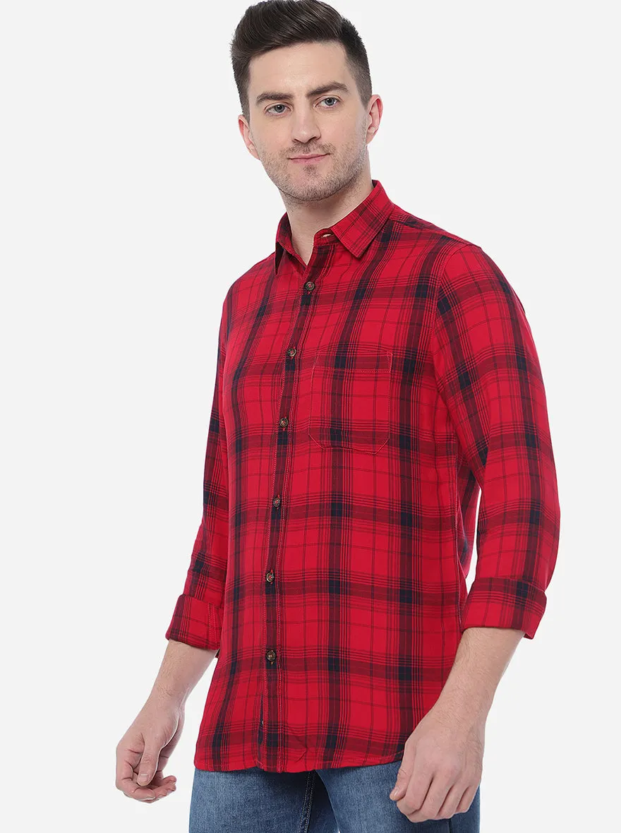 Red Checked Slim Fit Semi Casual Shirt | JadeBlue