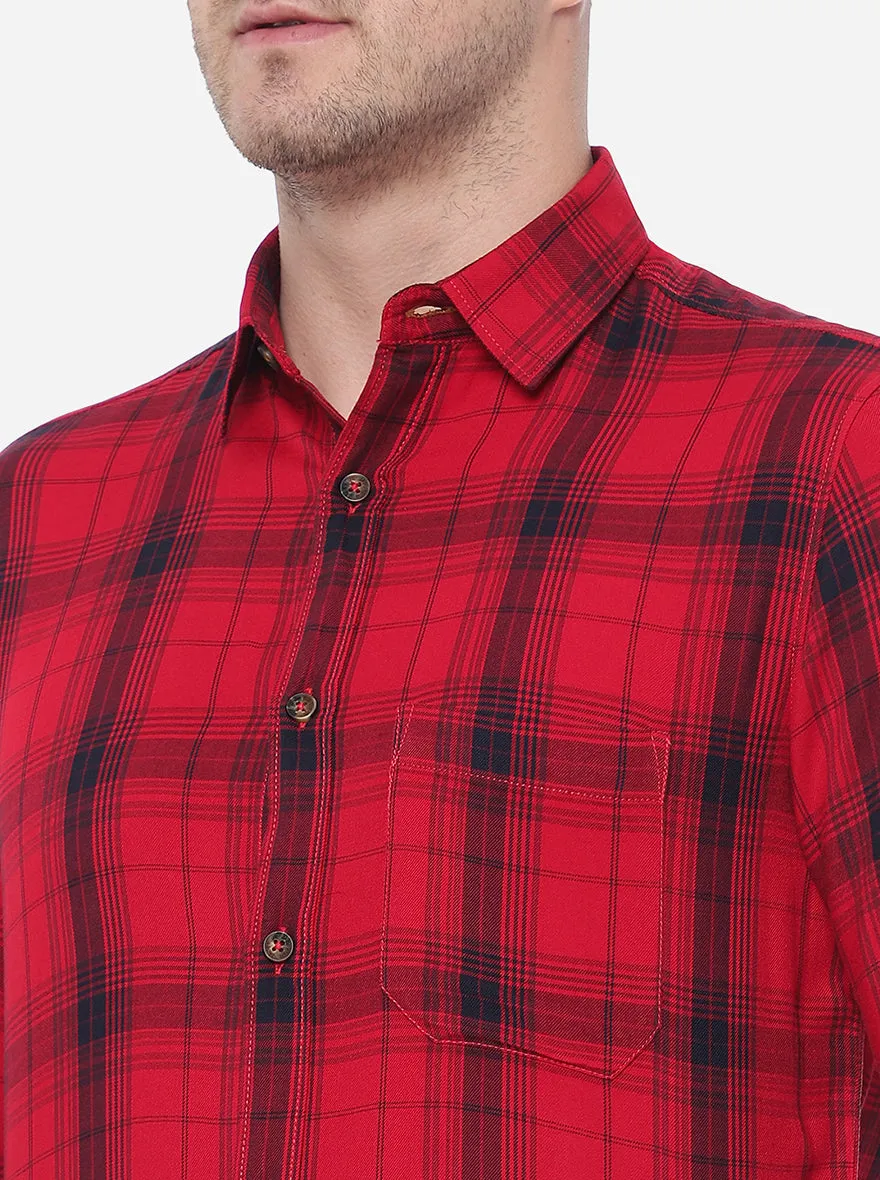 Red Checked Slim Fit Semi Casual Shirt | JadeBlue