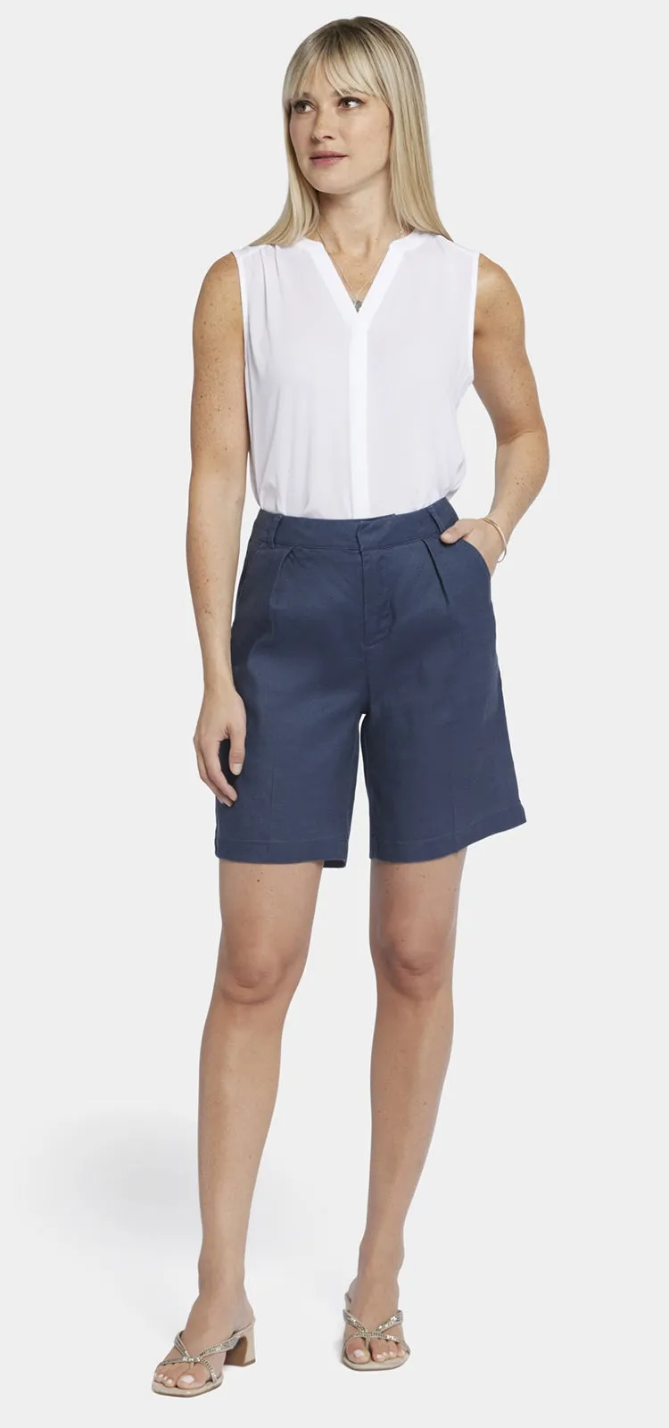 Relaxed Short Donkerblauw Stretch Linnen | Oxford Navy