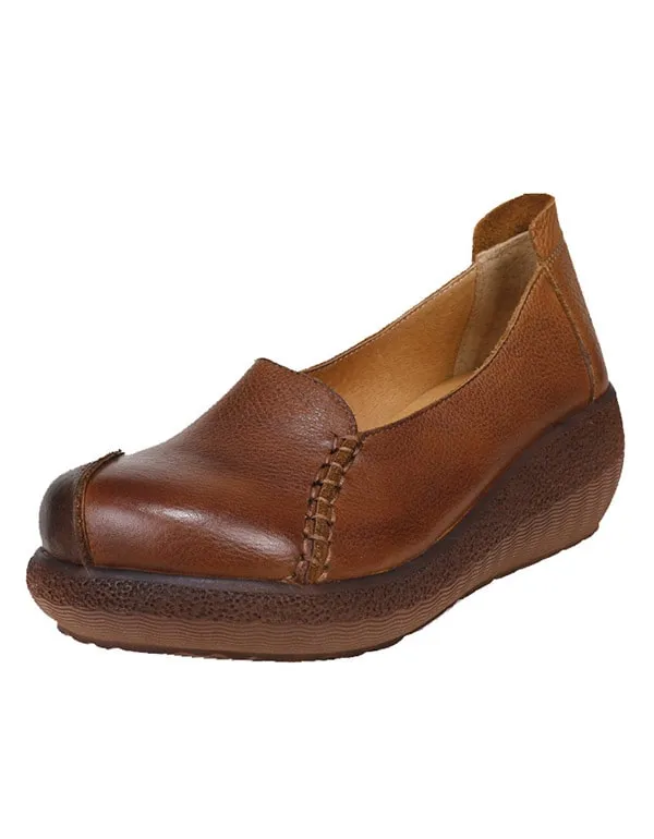 Retro Leather Waterproof Women's Wedge Shoes