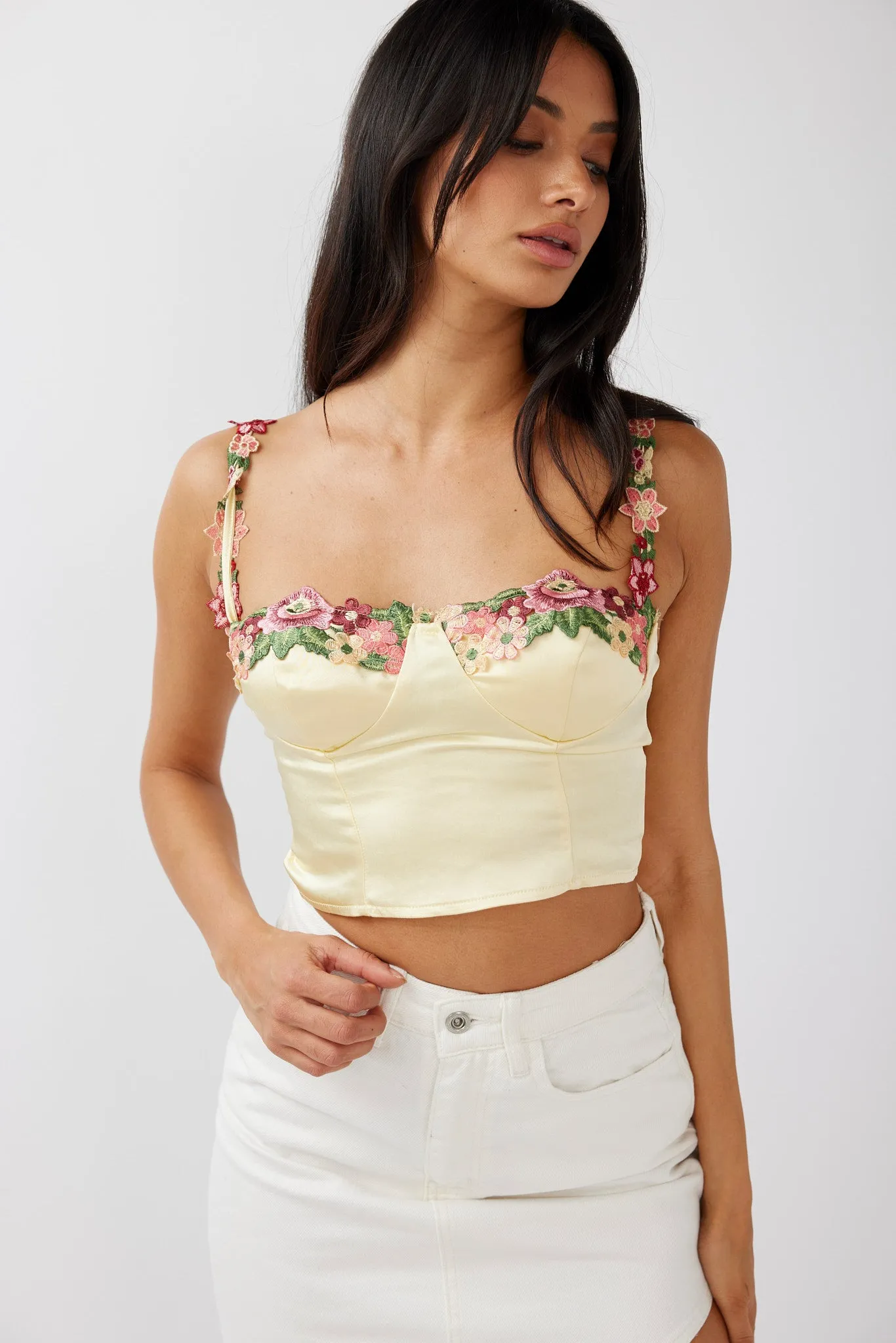 Rose Garden Floral Applique Crop Top Yellow